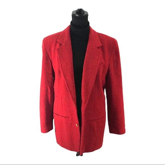 LIZ CLAIBORNE🎄VINTAGE 80s Red Long Blazer multicolor flecks and Shoulder Pads 10 - Picture 7 of 15